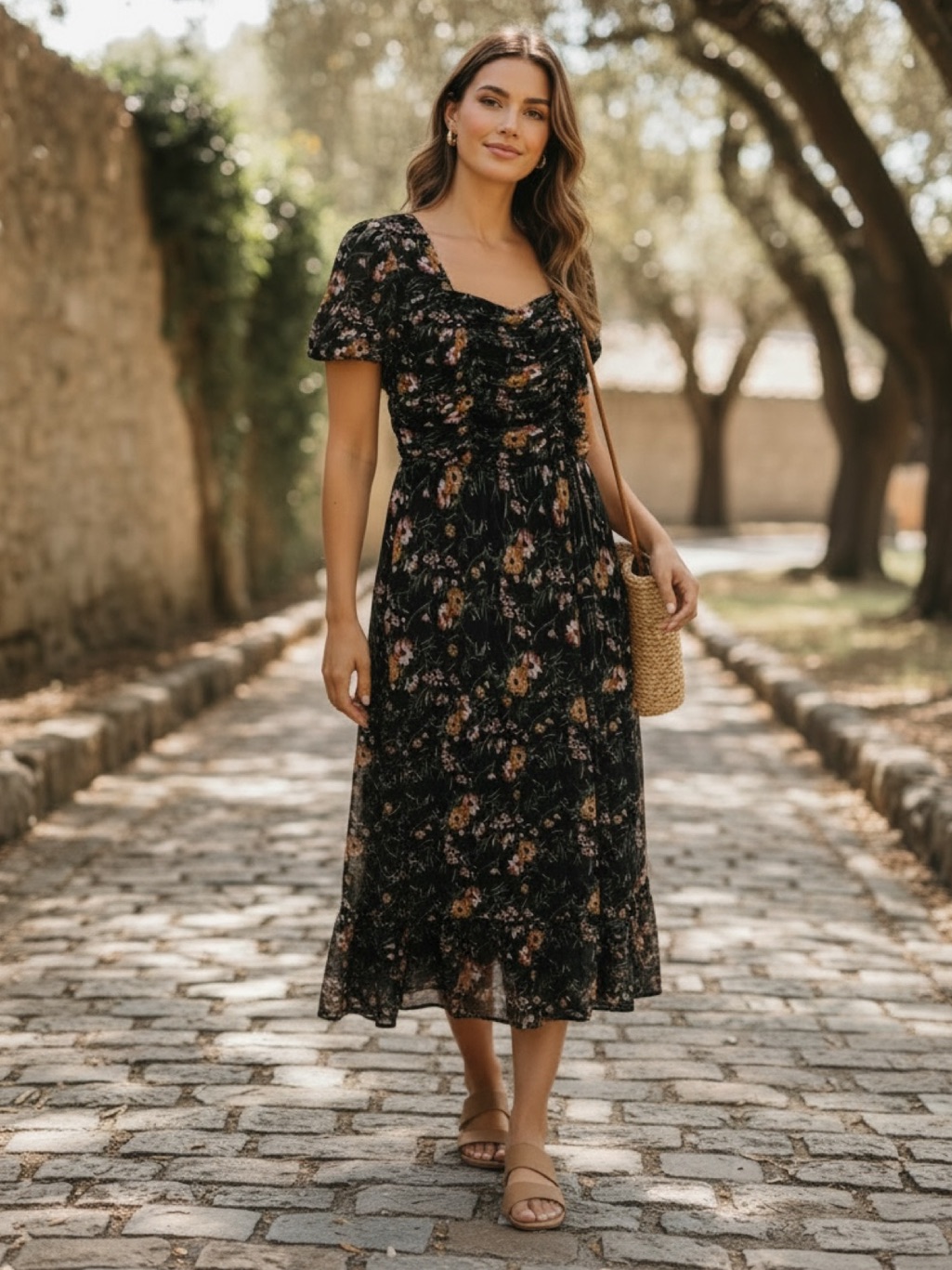 Luxology Nwt Black Floral Chiffon Flounce Hem Midi Dress L